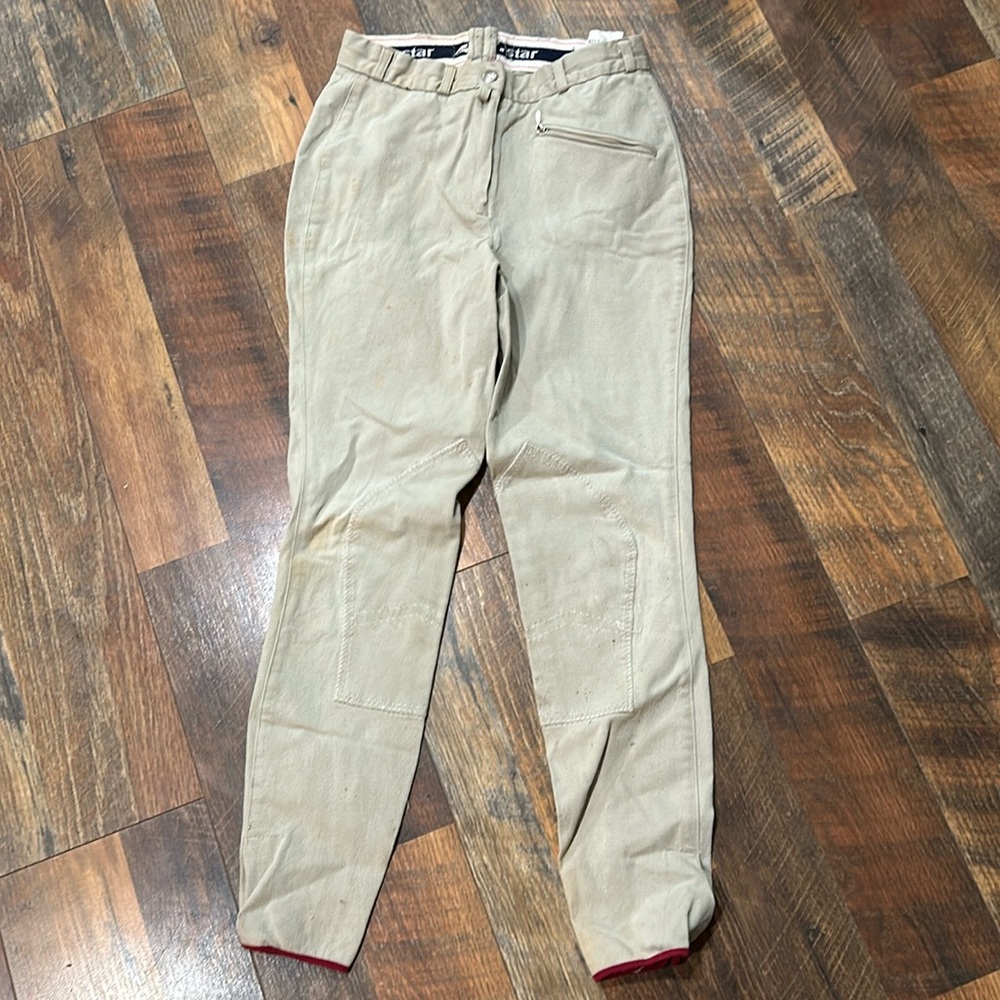 Tan breeches zip and top enclosure knee patch